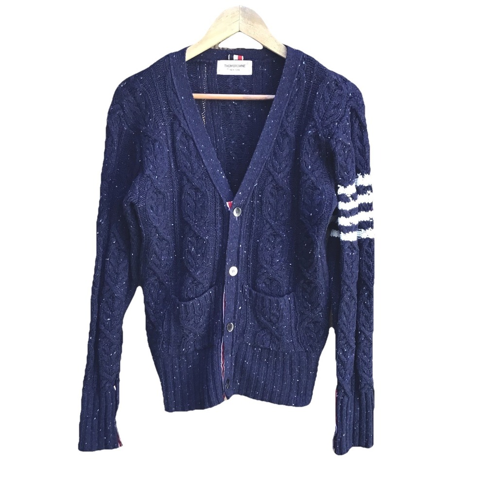 Thom Browne 4-Bar Cable Knit Cardigan Navy Wool Sweater Size Small USA